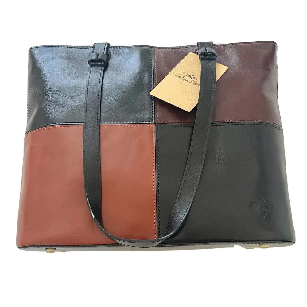 Patricia Nash Braden Leather Tote Bag Large Colorblock Black Brown Italian Made - Picture 1 of 12